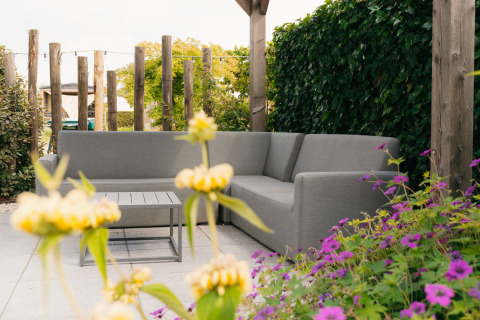 Buitenzitruimte bij Veluwelodge XL op De Boshoek, met een grijze sofa en bloemen op de voorgrond.