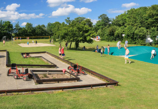 Enfants et adultes profitent des activités extérieures au Terrassen Camping au Danemark par une journée ensoleillée.
