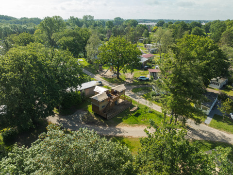 Luchtfoto van een boomhuttent met bubbelbad, omgeven door bomen en huisjes op een groen, bosrijk terrein.