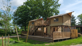 Tenda casa sull'albero con vasca idromassaggio al Holiday park Mölke nei Paesi Bassi, tra il verde.