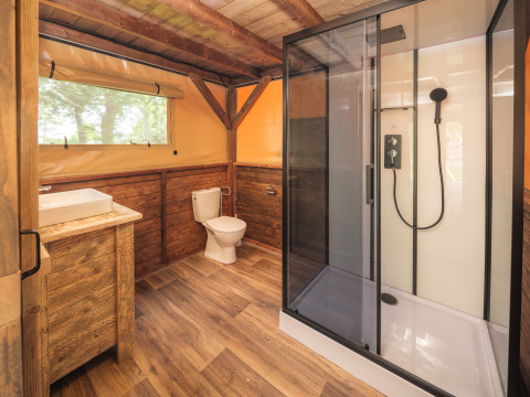 Badkamer in een boomhuttent met houten interieur, douche en toilet bij Holiday park Mölke in Nederland.