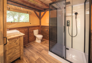 Badkamer in een boomhuttent met houten interieur, douche en toilet bij Holiday park Mölke in Nederland.