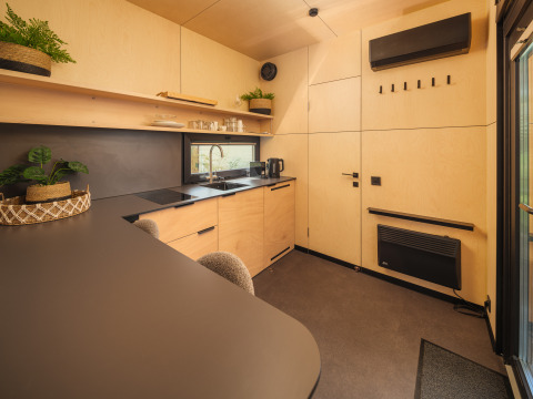 Moderne keuken in River Mirrorlodge bij Holiday park Mölke, Nederland, met hout en donkere accenten.
