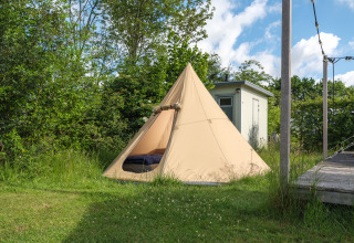De Blije haventent tipi-tent bij vakantiepark Mölke in Nederland, omringd door gras en bomen.