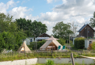 Teepee-teltet 'Blije haventent' på ferieparken Mölke i Holland, omgivet af natur og små hytter.