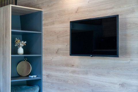 Téléviseur moderne fixé au mur en bois et étagère décorative dans un Tiny Home à Urban-Gardens Gent, Belgique.