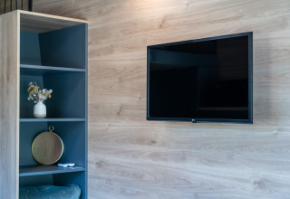 Televisor moderno en pared de madera y estantería decorada en Tiny Home de Urban-Gardens Gent, Bélgica.