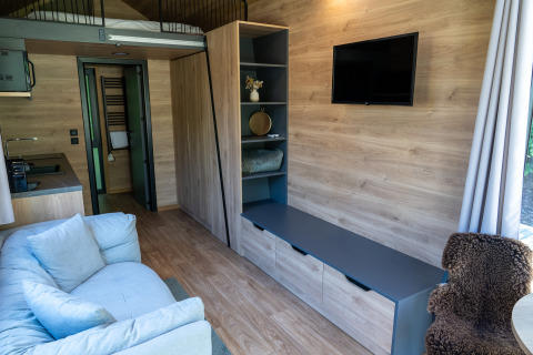 Vue intérieure d'une tiny house moderne avec panneaux bois, canapé, rangements et TV murale.