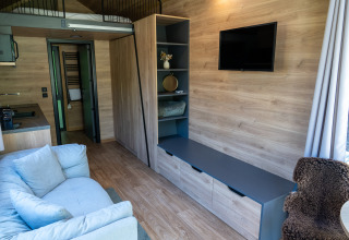 Vista interior de una tiny house moderna con paneles de madera, sofá, almacenaje y TV en la pared.
