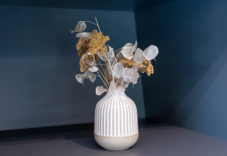 Vaso decorativo con fiori secchi su un tavolo alla Tiny Home di Urban-Gardens Gent, Belgio, ambiente moderno.
