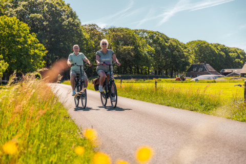 Deux personnes font du vélo sur une route de campagne près d’un hébergement glamping en pleine nature.