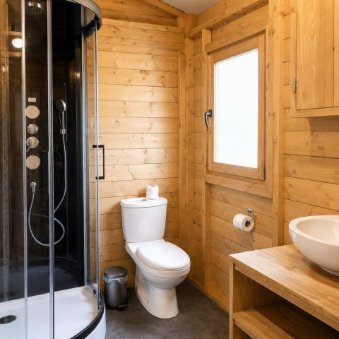 Bagno moderno in legno presso Tenthouse, Camping 't Veld, Paesi Bassi. Doccia, wc e lavabo visibili.