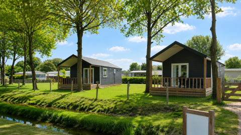 Due chalet sulla spiaggia con veranda in legno e prato verde presso il Beach chalet lodge in una giornata di sole.