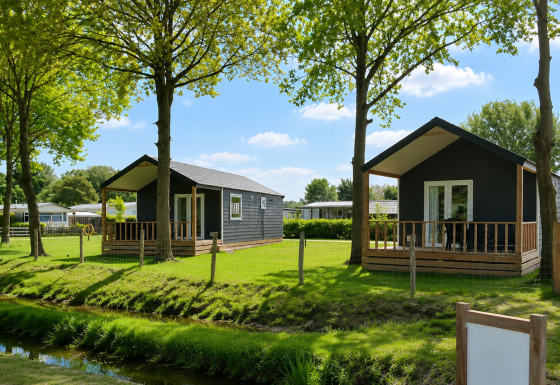 Due chalet sulla spiaggia con veranda in legno e prato verde presso il Beach chalet lodge in una giornata di sole.