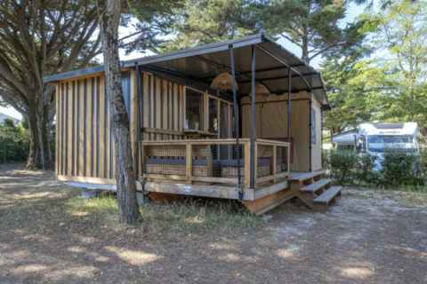 Chalet en bois avec terrasse au Seasonova Camping Le Lac de Cazaux, parc de vacances en Occitanie, France.