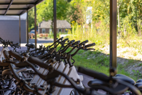 Fila de bicicletas aparcadas bajo un techo en el parque vacacional Lauwersmeer, Groningen, Países Bajos.