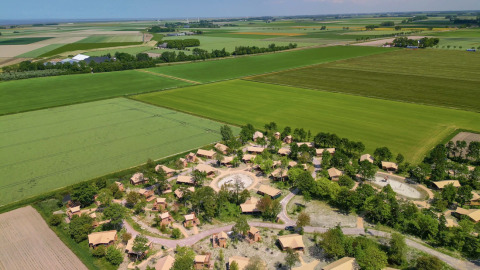Vista aerea di un villaggio e campi vicino a Vierhuizen, Groningen, Paesi Bassi, immersi nel verde.