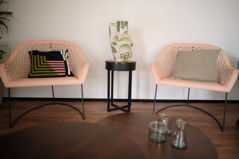 Sillas lounge modernas, mesa auxiliar con jarrón y cojines en Timber Lodge 4, Gulpen, Países Bajos.