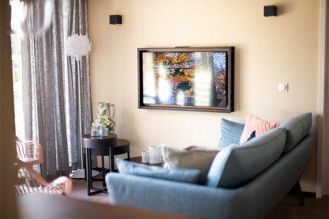 Moderne stue i Hillside Comfort 4 lodge i Gulpen, Holland, med sofa, tv og elegante dekorationer.