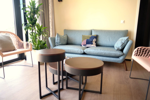 Soggiorno moderno in Hillside Royal 4, Gulpen, Paesi Bassi, con divano blu, pianta e tavoli rotondi.