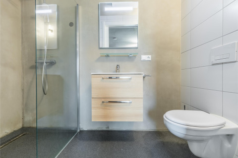 Baño moderno en la cabaña Hillside Royal 4 en Gulpen, Países Bajos, con ducha, lavabo y sanitario suspendido.