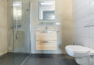 Baño moderno en la cabaña Hillside Royal 4 en Gulpen, Países Bajos, con ducha, lavabo y sanitario suspendido.