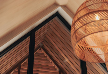 Photo intérieure d’un plafond en bois et d’une lampe design dans Tiny House 2, Nieuwvliet-Bad, Pays-Bas.