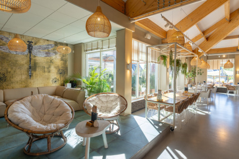 Lyst og moderne opholdsområde i en feriepark i Nieuwvliet-Bad, Zeeland, Nederlandene med naturligt lys.