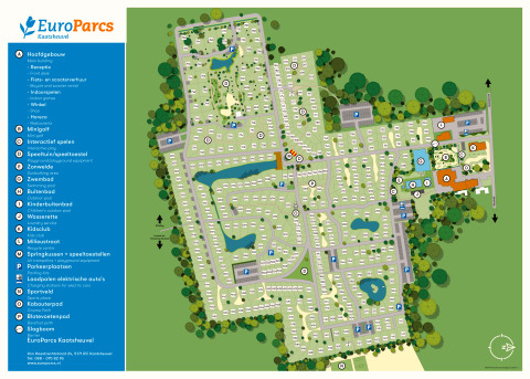 Map of EuroParcs Kaatsheuvel lodge showing swimming pools, playgrounds, main building and amenities legend.
