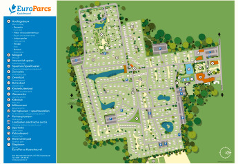 Plattegrond van EuroParcs Kaatsheuvel met zwembad, speeltuin, hoofdgebouw en legenda van voorzieningen.
