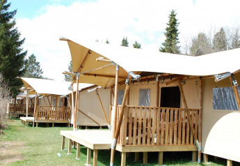 Reihe von Dreamer Safari-Zelten mit Holzveranda, umgeben von grünen Bäumen unter klarem Himmel.