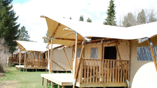 Fila di tende safari Dreamer con veranda in legno, circondate da alberi verdi sotto un cielo sereno.