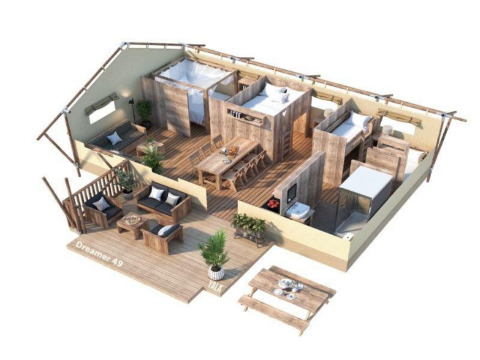 Plano 3D del safari tent Dreamer en Petite Suisse, Bélgica, con salón, comedor, dormitorios y terraza.