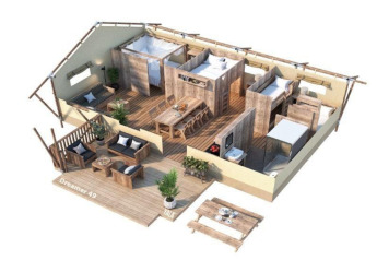 3D-Grundriss des Dreamer-Safarizeltes in Petite Suisse, Belgien, mit Wohnbereich, Schlafzimmern und Terrasse.