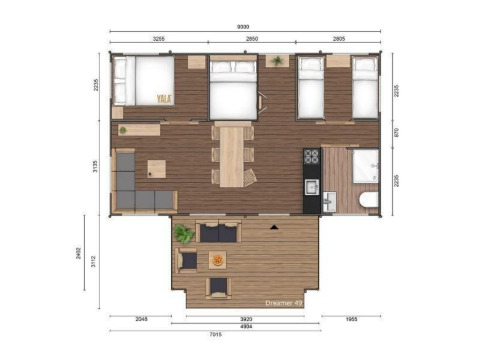 Plan d'une tente safari Dreamer à Petite Suisse en Belgique, montrant chambres, salon et terrasse.