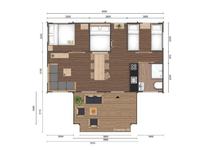 Plano de la tienda safari Dreamer en Petite Suisse, Bélgica, con dormitorios, sala de estar y terraza.