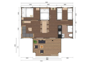 Plan d'une tente safari Dreamer à Petite Suisse en Belgique, montrant chambres, salon et terrasse.