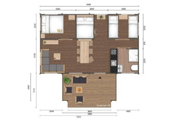 Plan d'une tente safari Dreamer à Petite Suisse en Belgique, montrant chambres, salon et terrasse.
