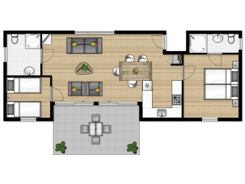 Plantegning af en lodge i Giethoorn, Fuut 4, med to soveværelser, to badeværelser og terrasse.