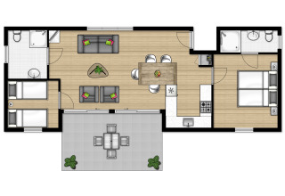 Plantegning af en lodge i Giethoorn, Fuut 4, med to soveværelser, to badeværelser og terrasse.
