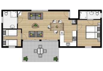 Plan d'une lodge à Giethoorn, Fuut 4, avec deux chambres, deux salles de bains et une terrasse.