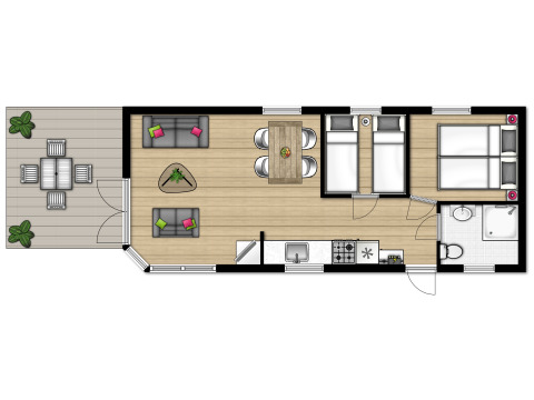 Plantegning af en moderne lodge med terrasse, stue, køkken, to soveværelser og badeværelse i Giethoorn.