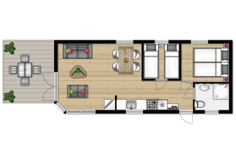 Plan d'étage d'un lodge moderne à Giethoorn avec terrasse, salon, cuisine, deux chambres et salle de bain.