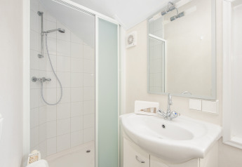 Modern bathroom with a shower, sink, and mirror in Tiny House 2, Giethoorn, Netherlands.