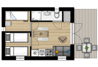 Floor plan of Tiny House 2 in Giethoorn, Netherlands, showing two bedrooms, bathroom, kitchen, and terrace area.