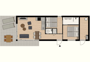 Plattegrond van Lodge 4 in Water Village, Nederland, toont 2 slaapkamers, leefruimte en terras.