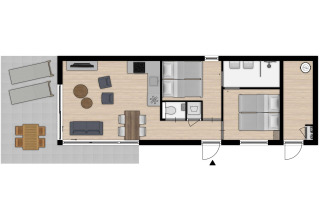 Plattegrond van Lodge 4 in Water Village, Nederland, toont 2 slaapkamers, leefruimte en terras.