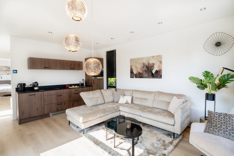 Lichte, moderne woonkamer en keuken in Villa «Bloomingdale» bij MarinaPark Residentie Bloemendaal in Nederland.