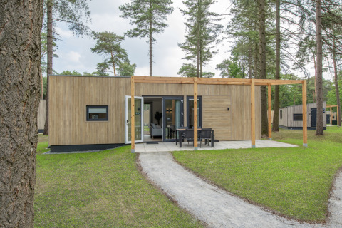 Außenansicht des Timber Cottage 4, ein modernes Tiny House mit Holzfassade in einem bewaldeten Gebiet.