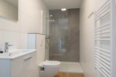 Modern small bathroom with shower, wall-mounted toilet, sink, and white wall paneling in Timber Cottage 4.